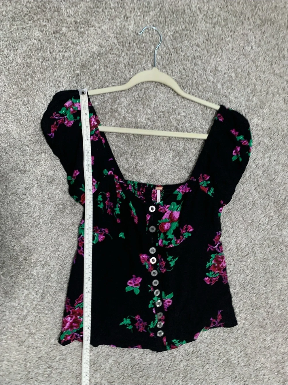 Free People Close to You Black Floral Button-Front Puff Sleeve Top